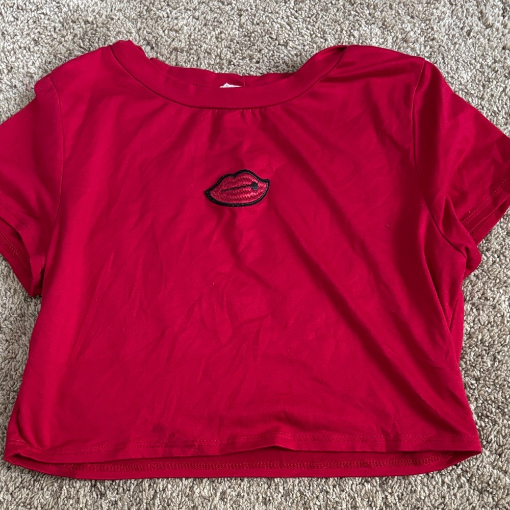 Red Crop Top with Lip Embroidery